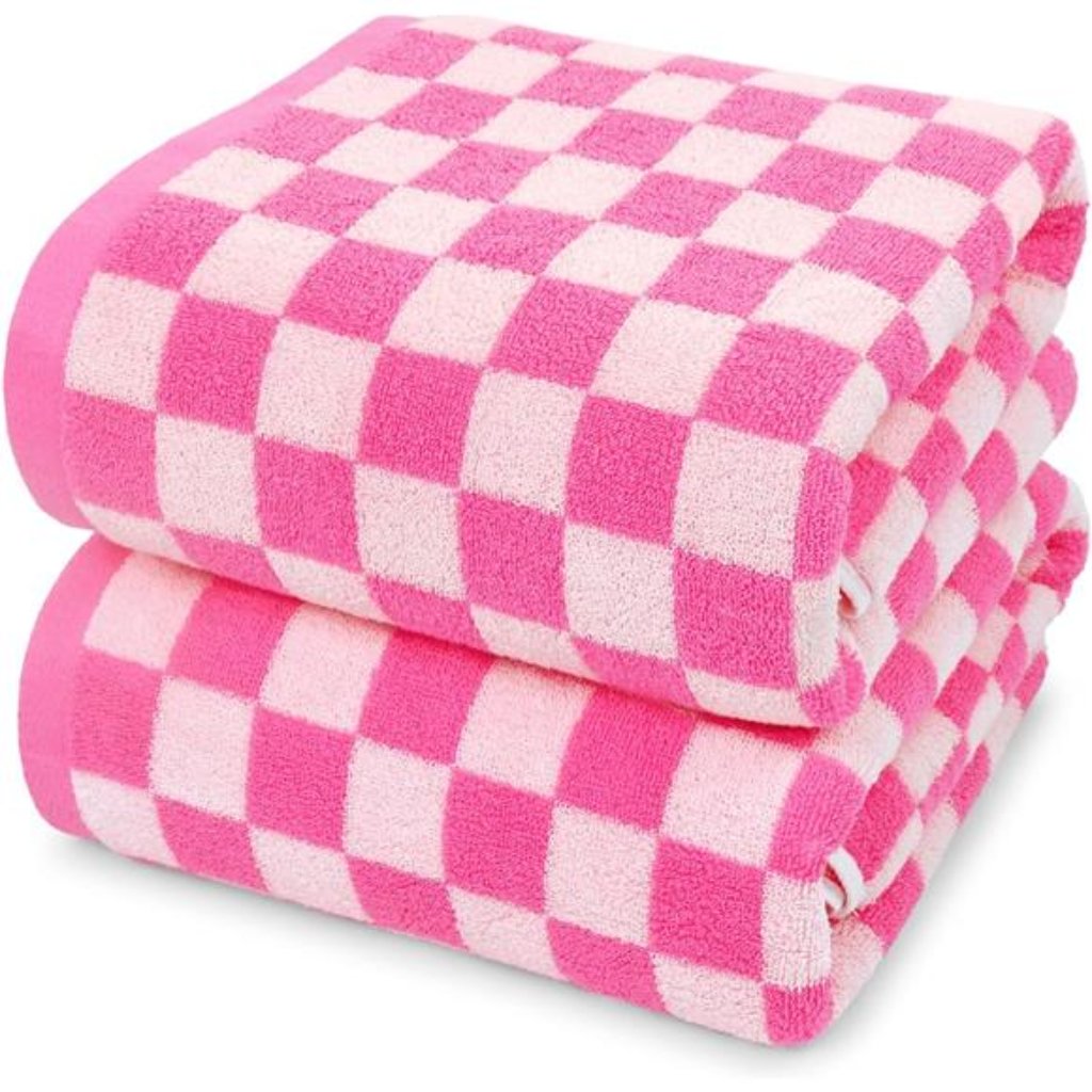 Brand New Pink Checkered Cotton Bath Towels Set Of 2 275 X 55